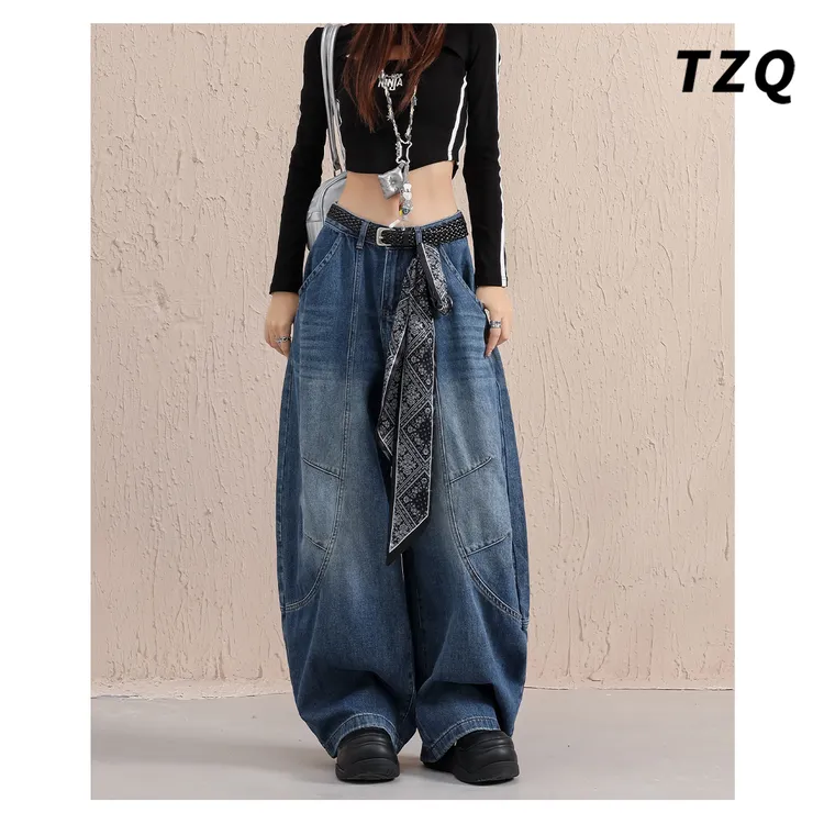 美式街头宽松慵懒松弛感牛仔裤女秋百搭时髦拖地弯刀裤TZQ2581829