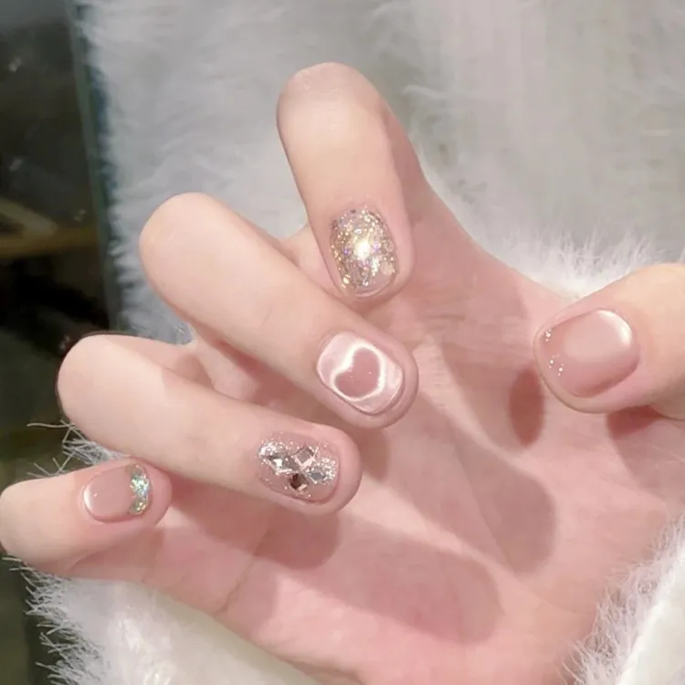 【柚些想你】纯手工长款成人穿戴甲新款美甲甲片批发指甲爆闪甲裸色