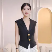 夏日气质优雅法式时尚收腰无袖上衣日常通勤黑色女马甲KX1156