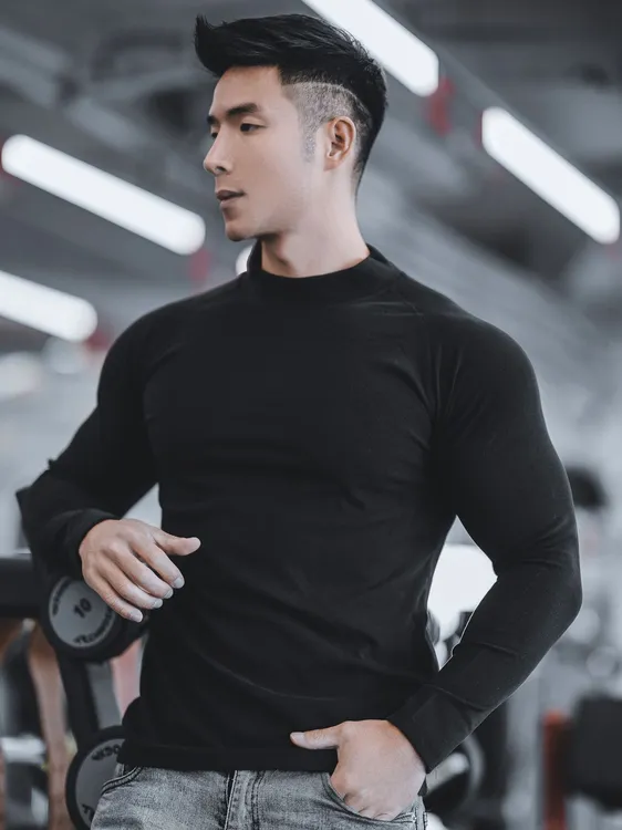 秋冬运动男圆领/半高领双面绒修身保暖长袖男跑步健身休闲打底衫