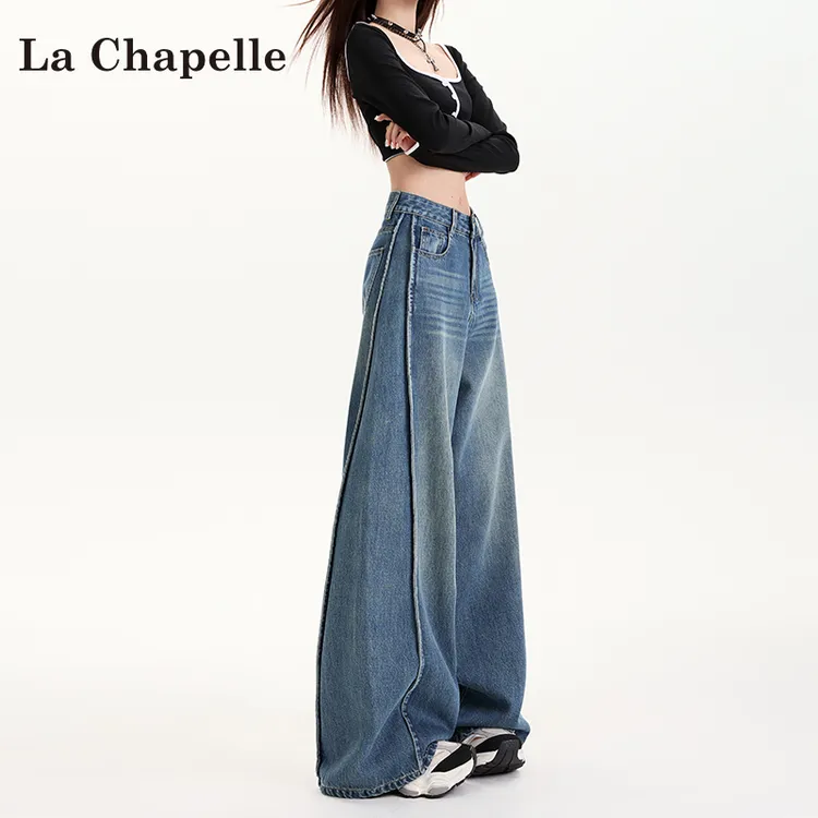 拉夏贝尔复古牛仔弯刀裤女秋冬新款2025宽松胖mm大码直筒阔腿裤子