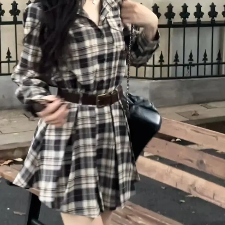 【配腰带】初秋复古收腰格纹长袖衬衫连衣裙显瘦气质高腰时尚休闲