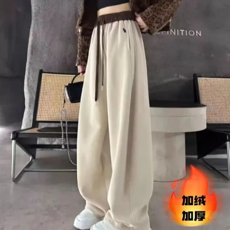 加绒加厚奥粒绒两穿刺绣小马休闲裤拼色高腰阔腿卫裤拖地裤女裤