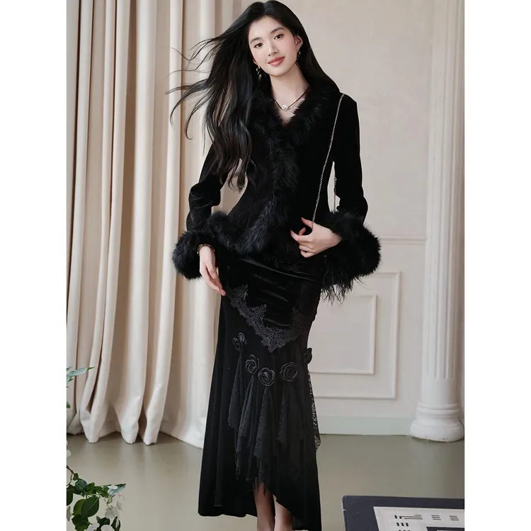 轻奢高级感黑色开衫外套女秋冬韩式富家千金感穿搭套装包臀裙5101
