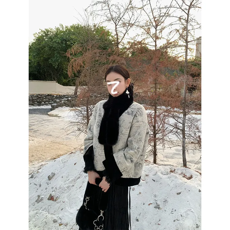 设计感新中式半开领系带棉服外套女2025年新款复古国风水墨画上衣