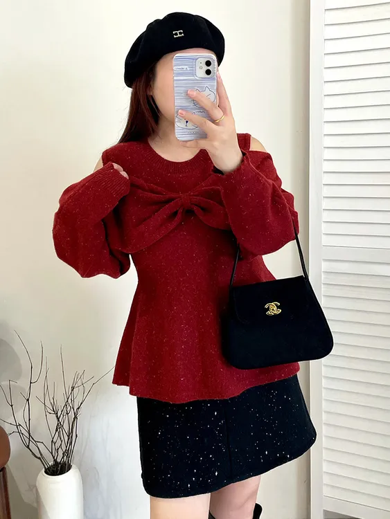 大码针织内搭百搭毛衣新款时尚百搭款设计感蝴蝶结上衣2025冬胖mm