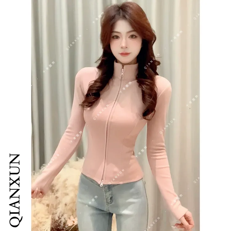 千寻家 立领双拉链长袖T恤女秋冬加厚保暖修身显瘦百搭上衣629