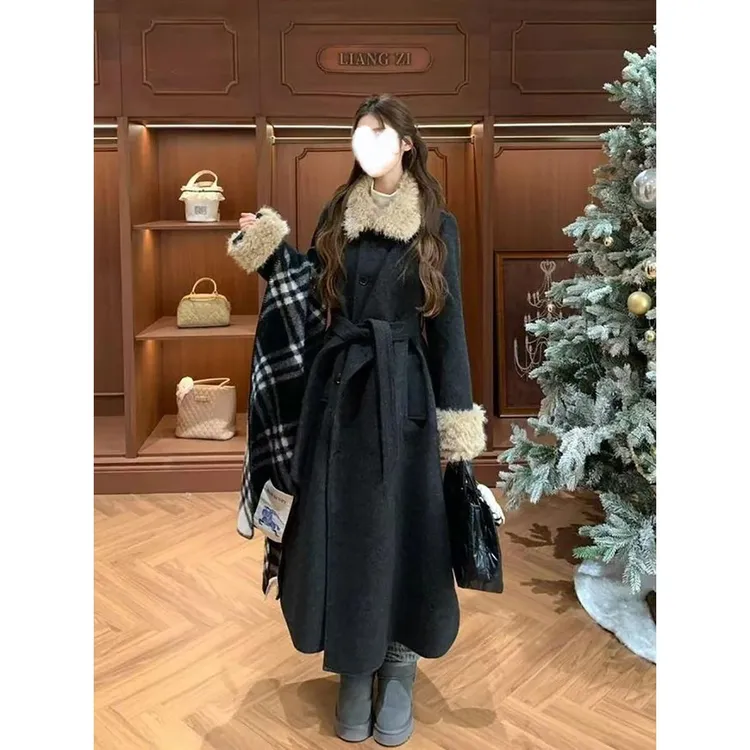 雾岛伦敦 韩版简约气质毛领外套冬新款小众赫本高级感收腰大衣女