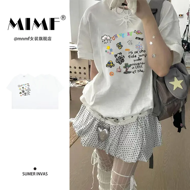mnmf夏季新款纯棉圆领半袖上衣oversize学院风休闲装印花短袖T恤