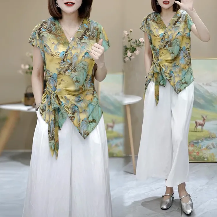 2025夏季新款V领印花设计感上衣高腰纯色休闲裤套装女时尚两件套