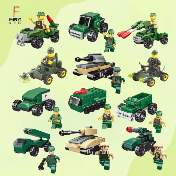 网红款橄榄绿12车带人仔积木儿童启蒙益智玩具拼装男孩女孩幼儿园