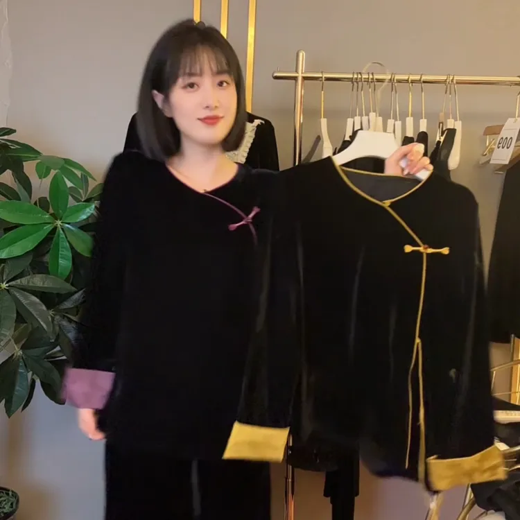 新中式国风丝绒秋季上衣女高端气质复古小衫打底衫