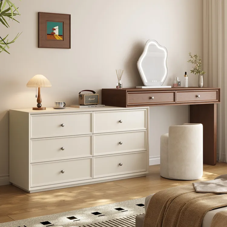 2025新款卧室梳妆台斗柜一体实木化妆桌简约现代胡桃木中古奶油风