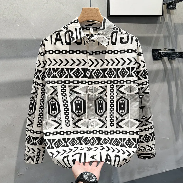 长袖衬衫外套男秋季新款高街不规则图案男士衣服ins潮流休闲衬衣