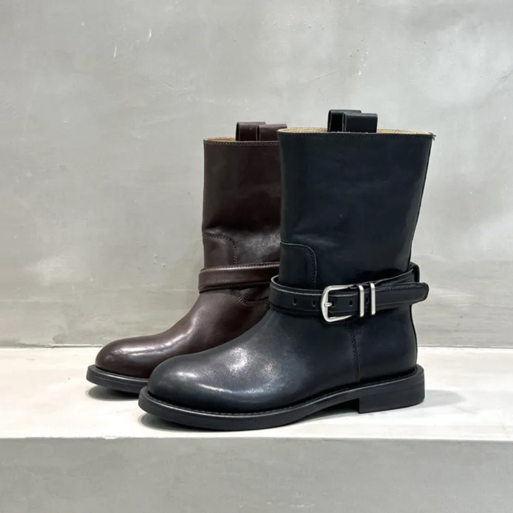 复古真皮马丁靴女中筒皮带扣机车靴 英伦风百搭休闲皮靴潮酷女靴