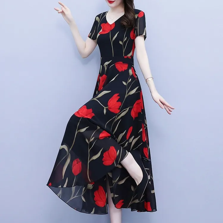 雪纺连衣裙子妈妈夏装2025新款气质洋气高贵显瘦遮肚子长裙高级感