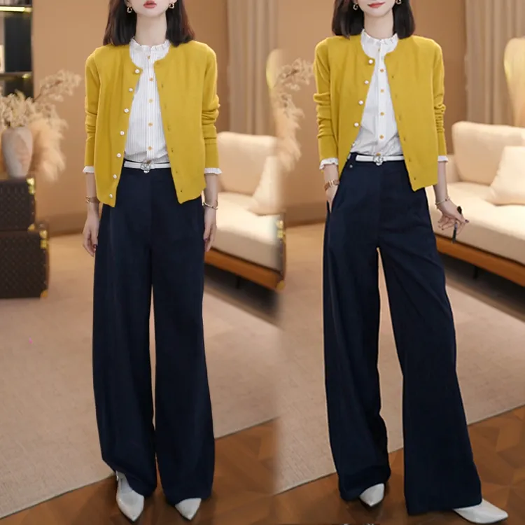 法式小香风时尚套装女2025春秋新款假两件针织衫长袖阔腿裤两件套