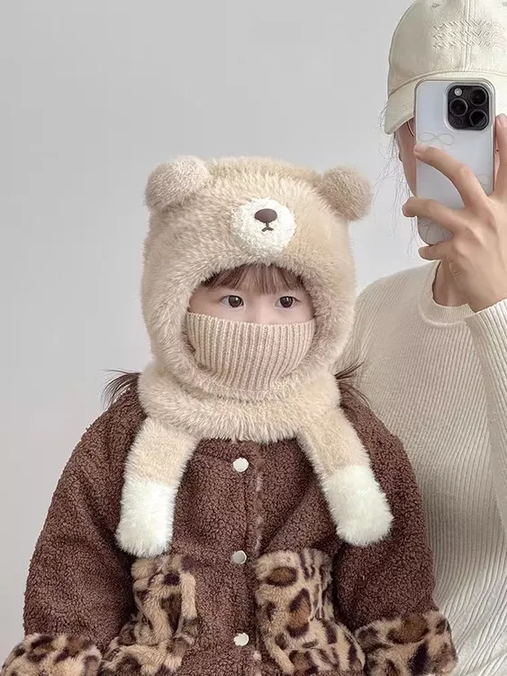 儿童帽子围脖口罩一体护耳帽秋冬季保暖毛绒帽男女宝宝防风套头帽