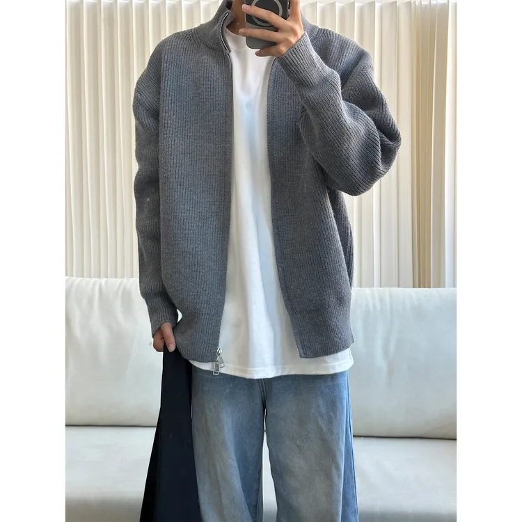 立领拉链毛衣外套男女款早秋季设计感纯色修身美式复古针织衫潮牌