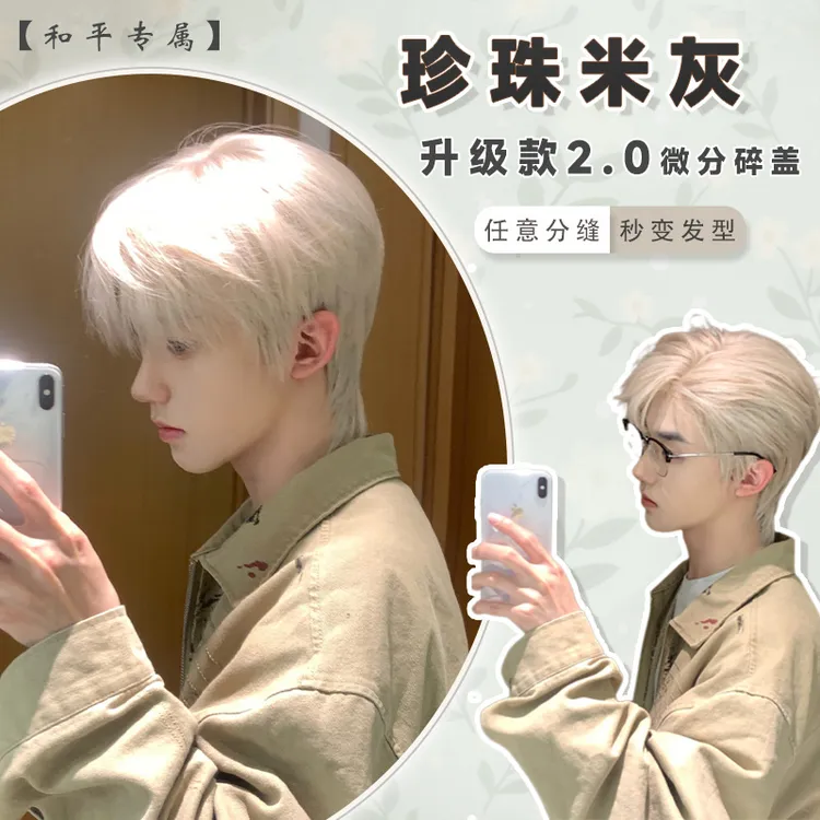 升级款2.0【珍珠米灰】日系少年感蓬松短毛男生微分碎盖全头套 和平