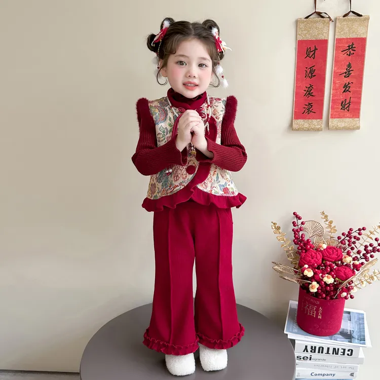 女童拜年服套装加厚儿童新中式唐装小女孩国风加绒汉服元旦演出服
