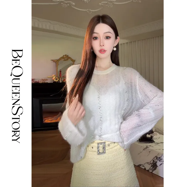 余潇潇【仙气舒芙蕾】慵懒空灵羊毛马海毛薄纱珍珠圆领毛衫