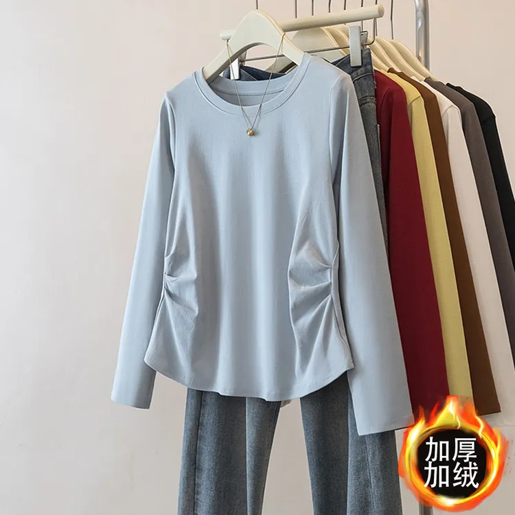 大码女装2025秋季新款圆领收腰显瘦褶皱长袖T恤上衣2136