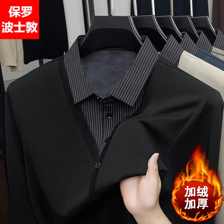 保罗男装冬季加绒加厚男士假两件新款翻领商务休闲保暖长袖polo衫