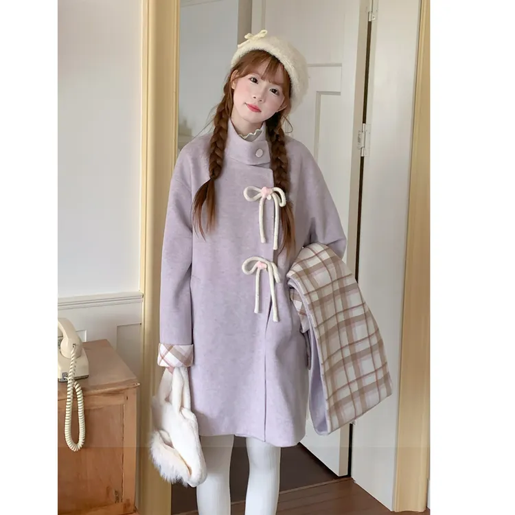 sinsingirl 芋芋甜莓 甜美格子内里蝴蝶结毛呢外套大衣+格子围巾