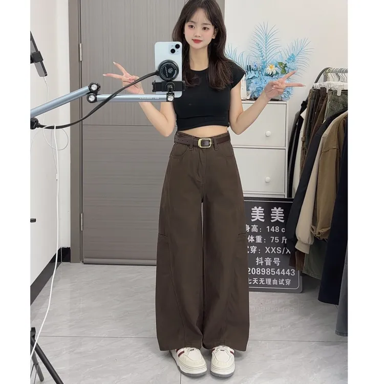 【破价+运补】美式复古小个子阔腿牛仔裤女设计感宽松显瘦多口袋工装裤拖地长裤