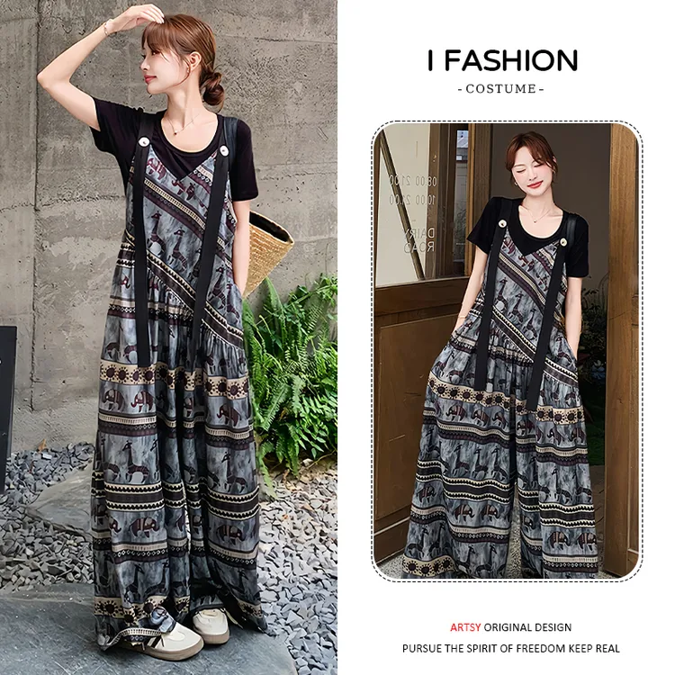 韩版减龄时尚套装女2025年夏季正肩百搭上衣印花背带阔腿裤两件套