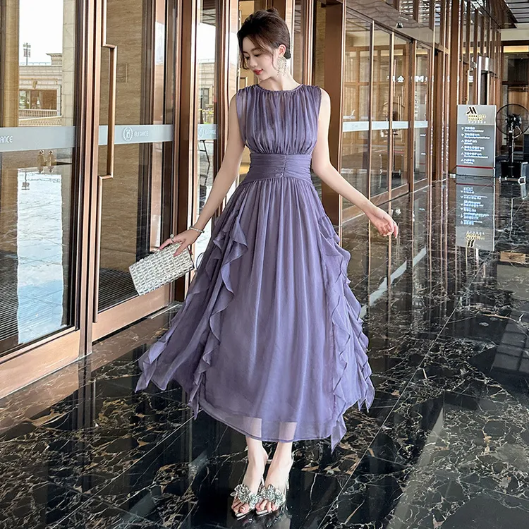 小众碎花裙夏季新款女装设计感褶皱收腰显瘦荷叶边紫色雪纺连衣裙