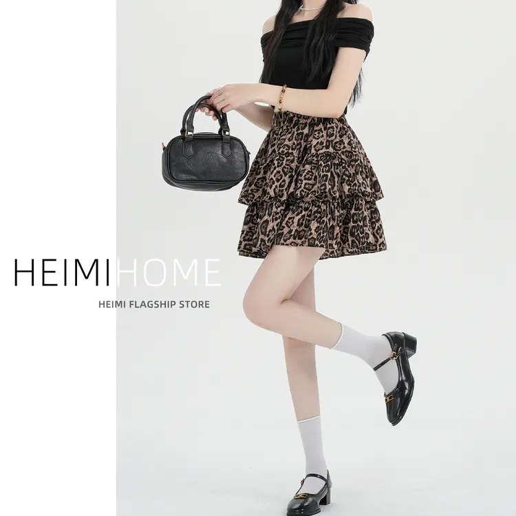 复古豹纹蛋糕半身裙女春夏秋季高腰a字蓬蓬裙小个子层次感短裙子
