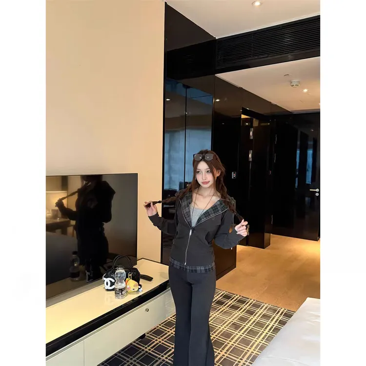 H2AN1 STUDIO拼接格纹连帽开衫卫衣高腰宽松卫裤阔腿裤两件套女秋