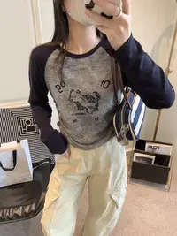 【8821】女#时尚百搭撞色字母圆领修身上衣