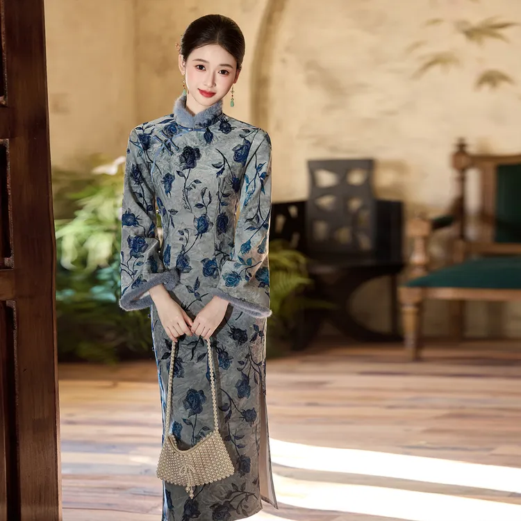 改良旗袍倒大袖新款秋冬季长袖高端复古优雅修身加绒保暖女年轻款