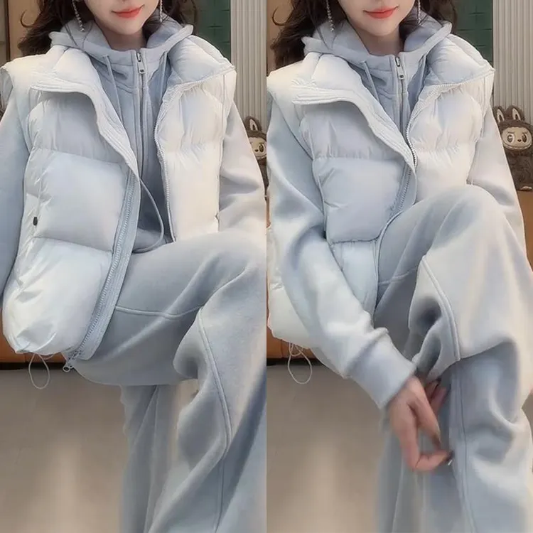 2025冬季新款女士高级感穿搭套装超好看马甲外套卫衣阔腿裤三件套