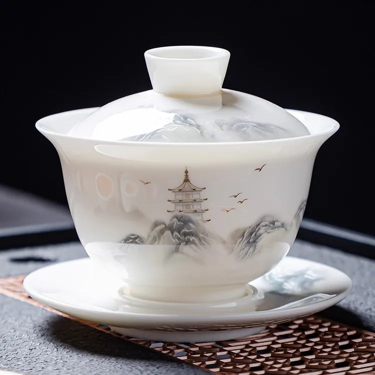可悬停三才盖碗羊脂玉白瓷泡茶碗陶瓷茶杯金亭云海宝塔瓷盖碗茶具