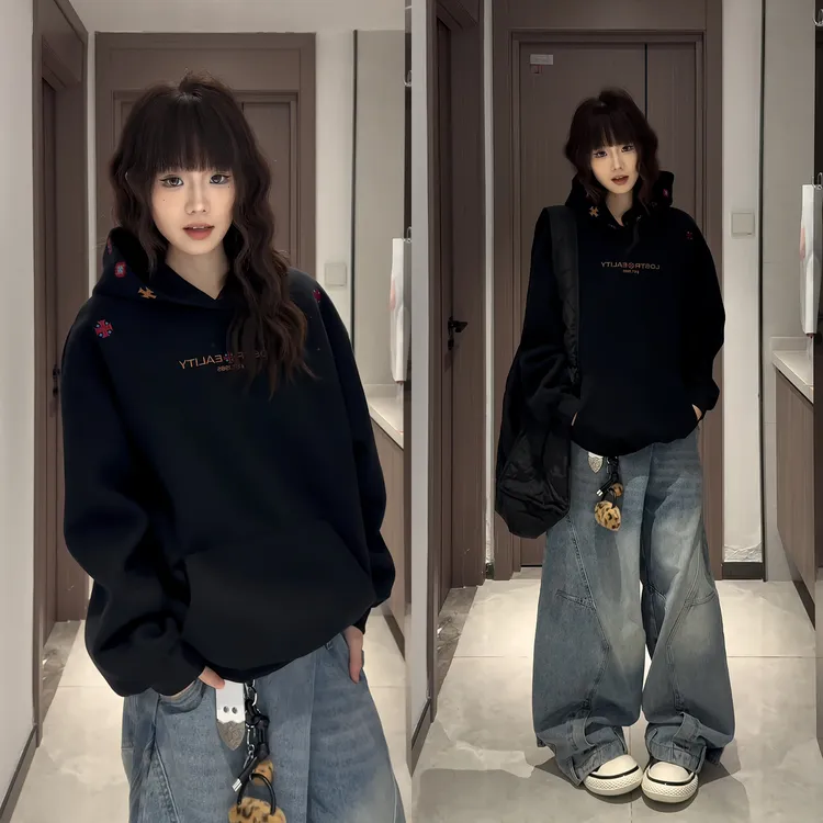复古美式设计感刺绣连帽套头卫衣男秋冬新款潮牌cleanfit加绒外套