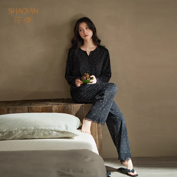 莎倩新款带胸垫女睡衣2025年春秋莫代尔黑色波点家居服柔软可外穿