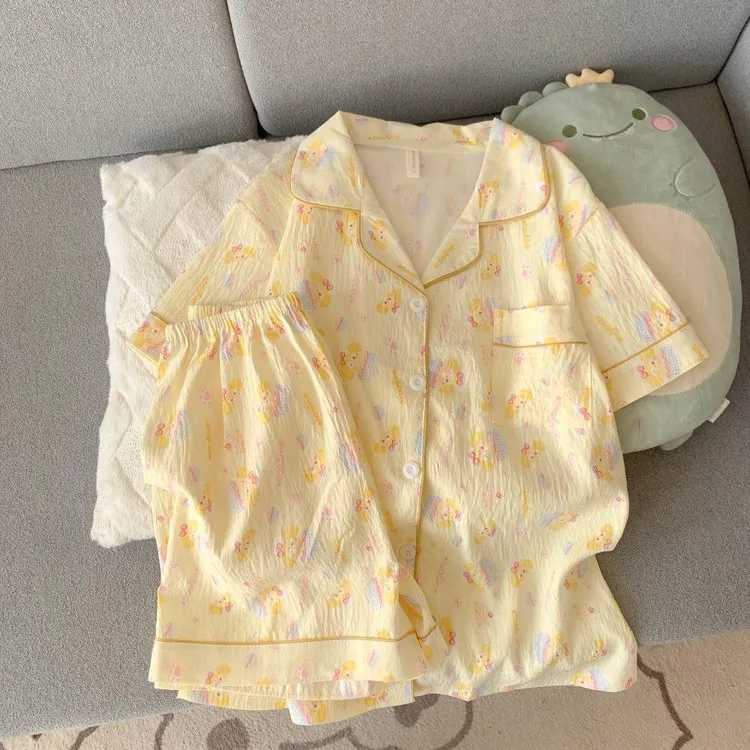 可爱睡衣女黄油饼饼夏季新款云朵棉短袖短裤套装宽松家居服可外穿