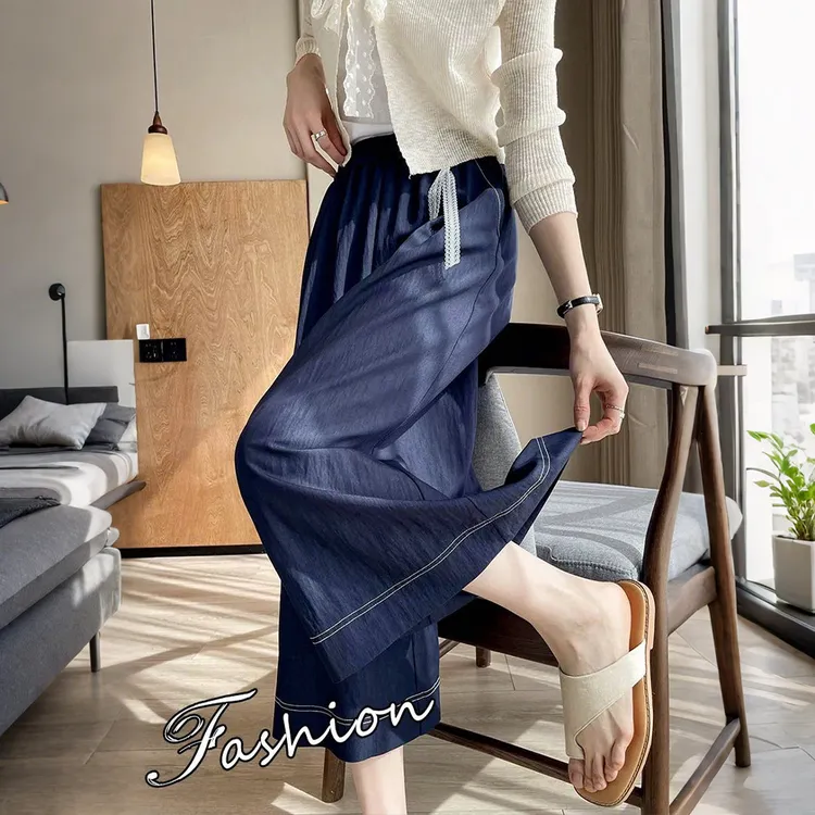 时尚气质仿牛仔蕾丝吊坠裙裤2025夏季女百搭透气显瘦八分裙裤E584