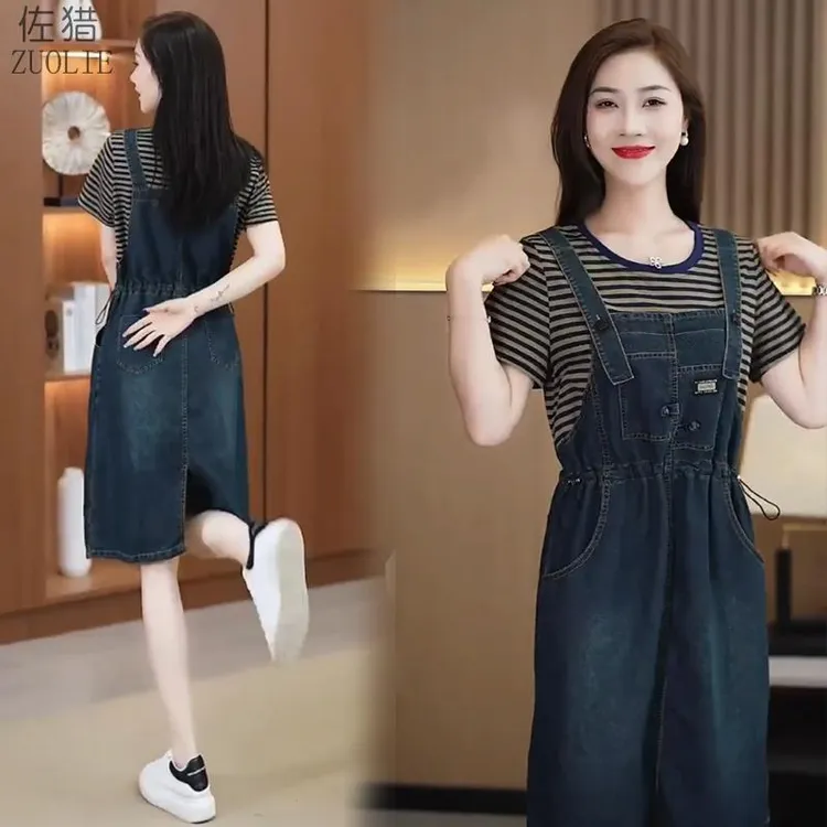 假两件牛仔背带裙女夏季新款宽松遮肚小个子中长款时尚休闲连衣裙