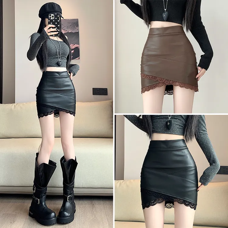 2025秋冬新款高腰显瘦蕾丝花边PU皮半身裙小个子防走光包臀短裙女