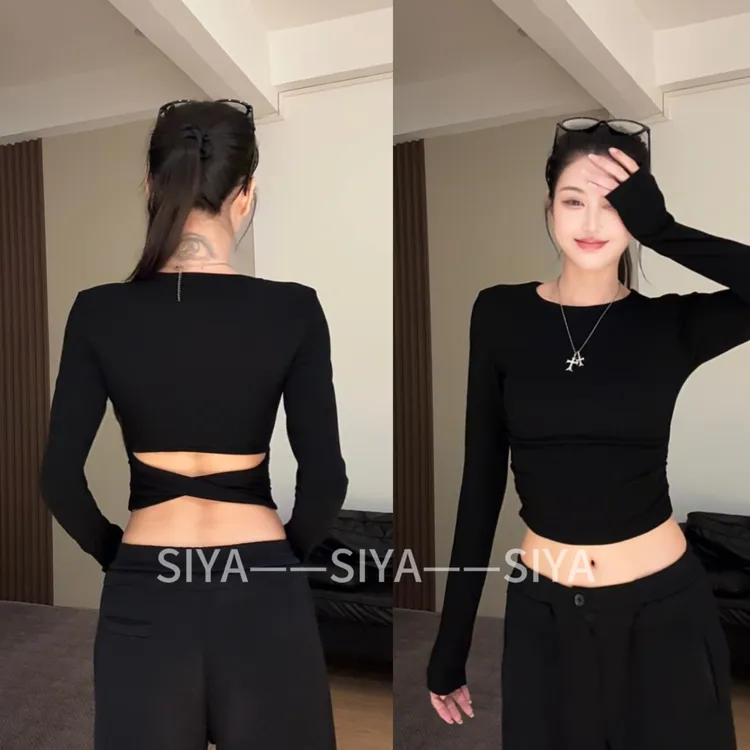 【SIYA】镂空露腰打底衫女春秋露背正肩长袖t恤修身紧身短款上衣