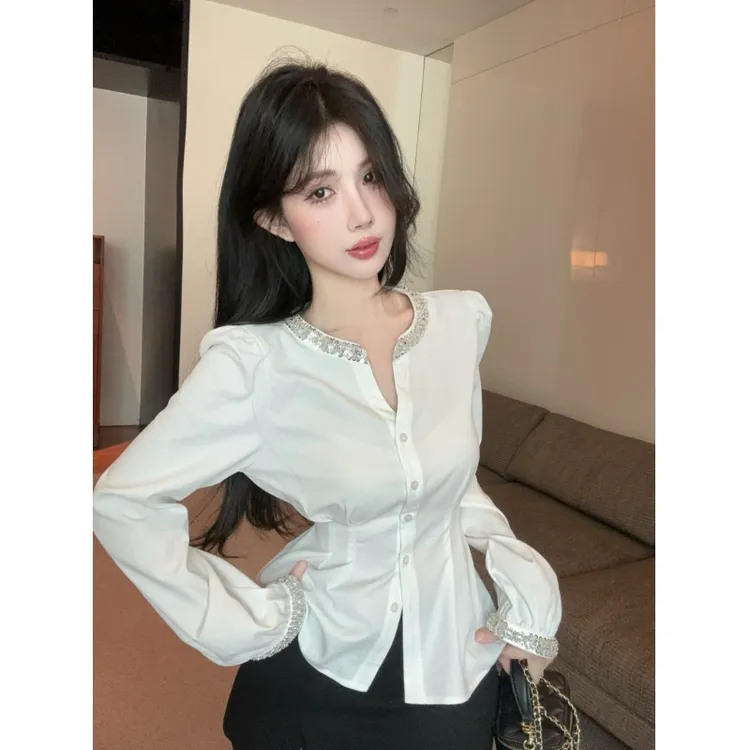 重工钉珠亮片衬衫女设计感小众春装独特绝美鱼骨小上衣泡泡袖衬衣