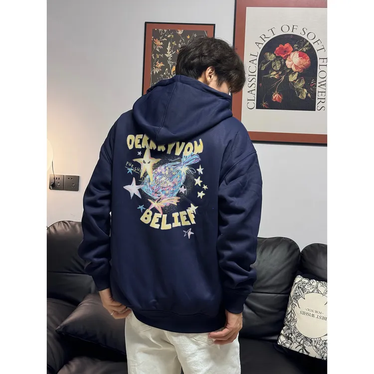 美式创意闪耀星星字母印花连帽宽松卫衣男女秋冬季休闲情侣款上衣