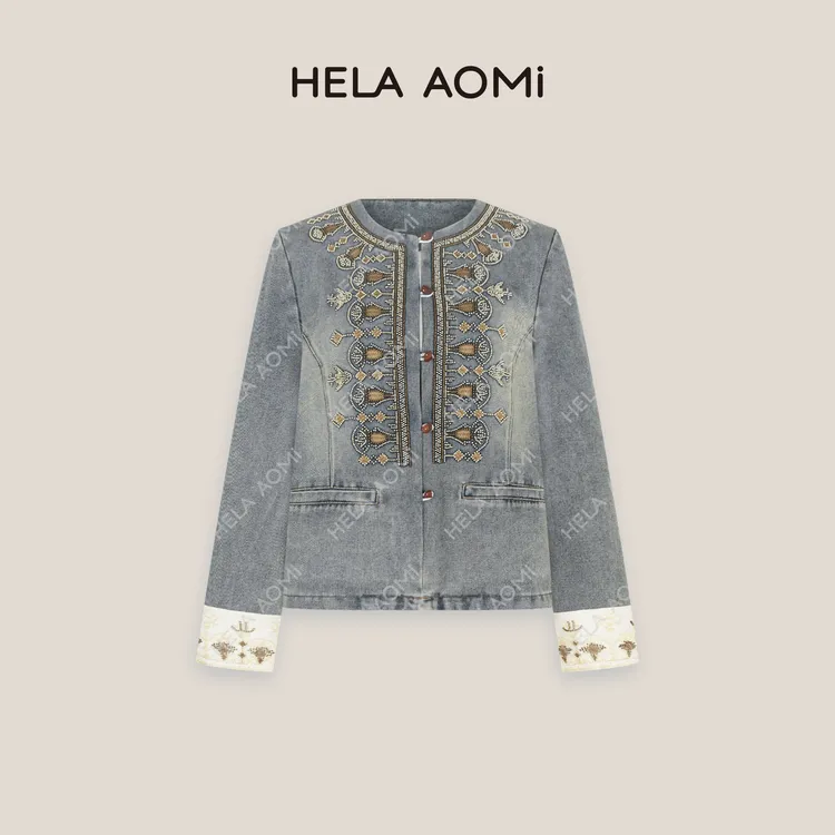 HELA AOMI“重工牛仔”轻奢高定设计师短款圆领绣花牛仔外套