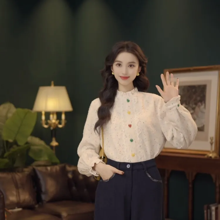 琦琦【白色星纱】复古港风秋冬厚款休闲百搭衬衫上衣YL5273388