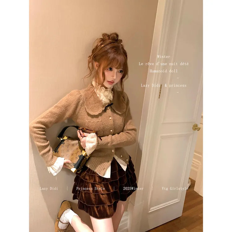 Lazy Didi初雪夕幕 光感丝绒蛋糕短裙秋冬甜美高腰多层半身蓬蓬裙